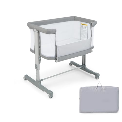 DREAMADE 2 in 1 Beistellbett & Babywiege, 5-stufig Höhenverstellbar Reisebett mit Matratze & Rollen, 86 x 63cm Beistellbett Baby ab Geburt bis 9 kg, 10° Neigung Babybett (Modell 2-Hellgrau) von DREAMADE