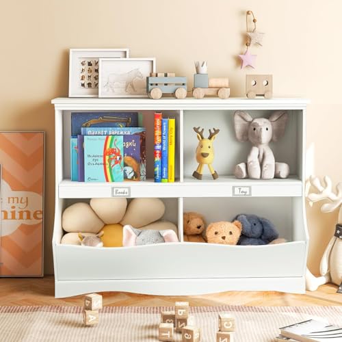 DREAMADE Kinderregal mit 4 offenen Fächern, Spielzeugregal Bücherregal für Kinder, Holz Standregal mit Kippsicherung, Aufbewahrungsregal für Kinderzimmer, Kindergärten & Wohnzimmer, Weiß von DREAMADE