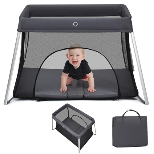 DREAMADE Reisebett Baby, Klappbares Babybett mit Matratze & Tragetasche, Kinderreisebett Baby 1-3 Jahren bis 15kg, 100 x 60cm Laufgitter mit Atmungsaktivem Netz (Dunkelgrau) von DREAMADE