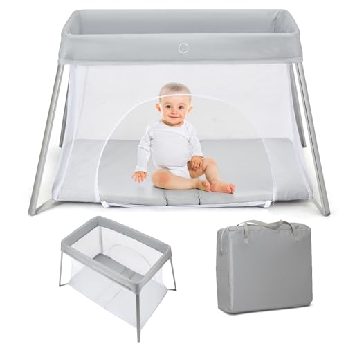 DREAMADE Reisebett Baby, Klappbares Babybett mit Matratze & Tragetasche, Kinderreisebett Baby 1-3 Jahren bis 15kg, 100 x 60cm Laufgitter mit Atmungsaktivem Netz (Hellgrau) von DREAMADE