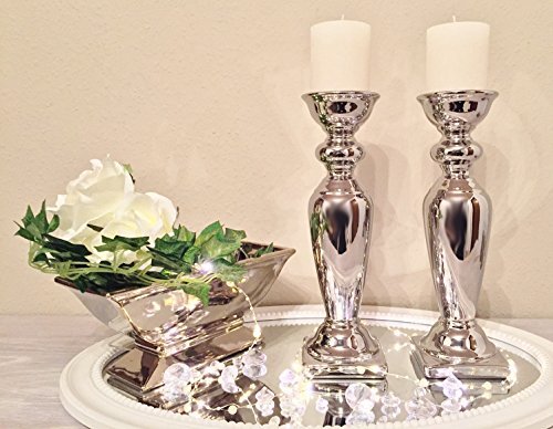 DRULINE 2 x 32 cm Keramik Kerzenleuchter Silber Kerzenständer Kerzenhalter Shabby Chic von DRULINE