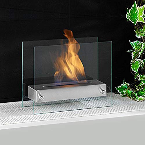 Oxford Bio-Ethanol Kamin Edelstahl Silber Tischkamin Luxuskamin Kamin Gelkamin Glasfeuer Tischfeuer Dekofeuer Standkamin Lounge-Feuer Avantgarde Sockel & Glaswand quadratischer Brennkammern 35 x 13 x 28 cm von DRULINE