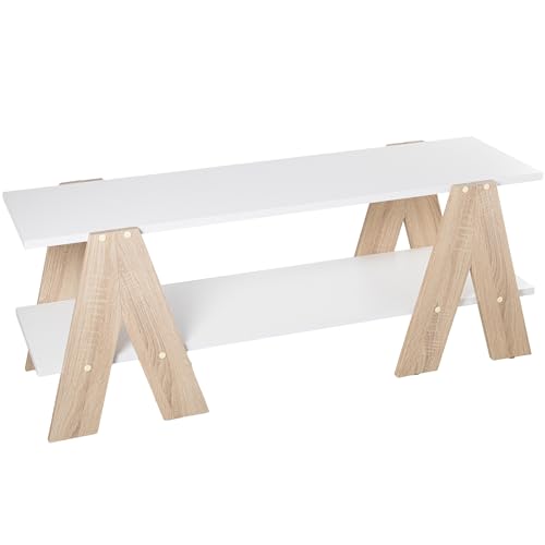 DRW TV-Tisch mit Beinen und Ablage, aus Holz in Weiß und Eiche, 120 x 38 x 46 cm, Regal 120 x 34 x 1,8 cm, 120x38x46cm, balda 120x34x1,8cm von DRW