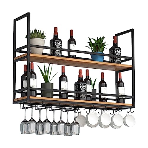 Deckenregal Weinregal, Eisen Weinglas Regal Decke Dekoration Regal, industrielle hängende Weinflasche Halter 2-Schicht, für Bar Cafe Küche Lagerung Rack mit Glashalter und Regal (Schwarz, 140×30×80cm) von DSVONAUS