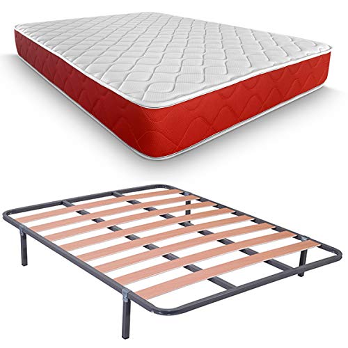 DUÉRMETE ONLINE Komplettes Bett mit viskoelastischer Matratze Lite, wendbar, Dicke 23 cm + Lattenrost mit Füßen, rot, 135x190 von DUÉRMETE ONLINE