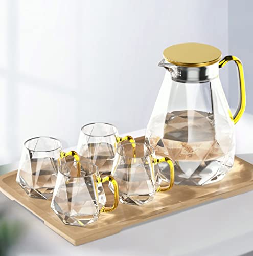 DUJUST Glaskaraffe mit Deckel 2 Liter, mit 4 Tassen, 1 Tablett, Wasserkaraffe im Modernen Schwarz Diamant Design, langlebig Wasserkrug für Eistee/Milch/Kaffee von DUJUST