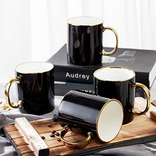 DUJUST Schwarze Kaffeetasse Set von 4(470ml), modernes und stilvolles Design mit handgefertigten goldenen Zierleisten, schwarzer und goldener Tasse für Kaffee, schöne und anmutige Top-Porzellanbecher von DUJUST