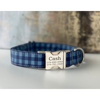 Blaues Büffel Hundehalsband Kariert, Personalisiert, Mit Gravur, Herbst Hundehalsband, Hundemarke Personalisiert von DUKEandFOX