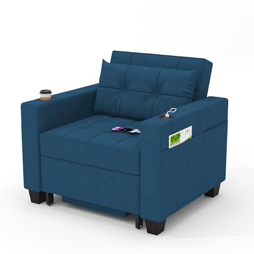 DURASPACE Schlafsessel 3-in-1-Convertible-Stuhl-Bett, ausziehbare Schlafsessel-Betten, Verstellbarer Einzelsessel-Sofa-Bett mit USB-Anschlüssen, Seitentaschen für kleinen Raum (Blau) von DURASPACE