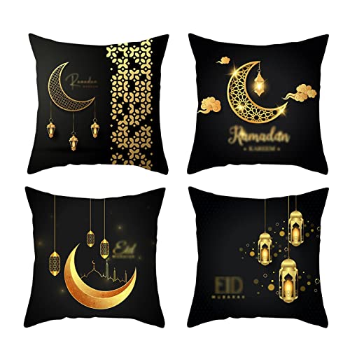 Ramadan Dekoration Kissenbezug 4 Stück Ramadan Deko Set Sofa Ramadan Kissen,Umrah Mubarak Deko Wurf Kissenbezüge 45x45cm,Leinen Islam Deko Muster Zierkissenbezüge für Islamische Dekoration (06) von DZAY