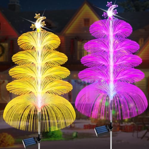 Solar Weihnachtsdeko Bäume Lichter Beleuchtung Aussen,Glasfaser Aussen Solar Tannenbaum mit 7 Farbwechsel Wasserdichte Solar Weihnachts Deko Quallen für Pathway Rasen Patio Außendekoration (Moon) von DZAY