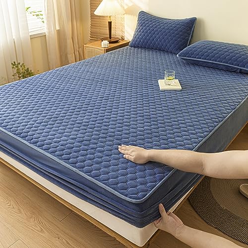 Daenlujec Boxspringbett Spannbettlaken 150x200cm 3Stück, einfarbig, Kristall-Samt, gestepptes Bettlaken und Kissenbezug, Warmer, Dicker Fleece-Matratzenschoner, Tagesdecke, Saphirblau von Daenlujec