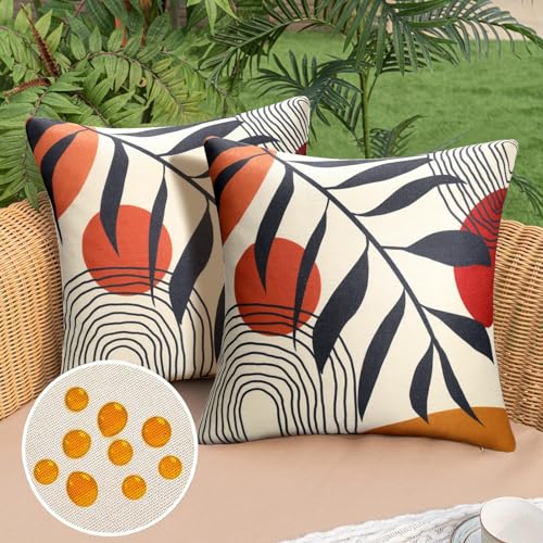 DakTou Boho Kissenbezug 45x45cm Orange Moderne Minimalistisch Wasserdicht Leinen Abstrakte Sonne und Geometrische Streifen Outdoor Sofakissen Dekokissen für Frühling Sommer Garten 2 Stück von DakTou