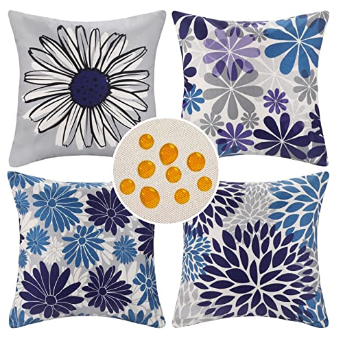 Sofakissen Kissenhülle 40x40 Blau Frühling Blume Muster Moderne Kissenbezug 0utdoor Kissen Dekokissen Kissenhüllen Wasserdicht Leinen Kissenbezüge für Wohnzimmer Schlafzimmer Wohnkultur Deko 4er Set von DakTou