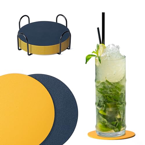 Dalababa Glasuntersetzer Leder 12er Set mit Halter, Rund Doppelseitigen Untersetzer Gläser, Abwischbar Getränkeuntersetzer für Tee Kaffee Bar Tassen, Kerzen, Pflanzen (Blau Gelb) von Dalababa