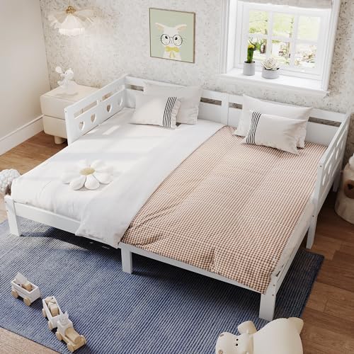 Daybett Tagesbett, Ausziehbar Bett, 90 * 200cm, Kiefer massiv, mit 2. Schlafgelegenheit und Rollrost Herzform Bett (weiß) von Dalred