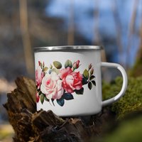 Emaille Camping Becher Rosen Weiß 12 Unze Silber Rand Zinn Metall Kaffeetassen Tee Wanderbecher Emaillegeschirr Stahl Trinkpflanzen Natur Blumen von Dalyleo