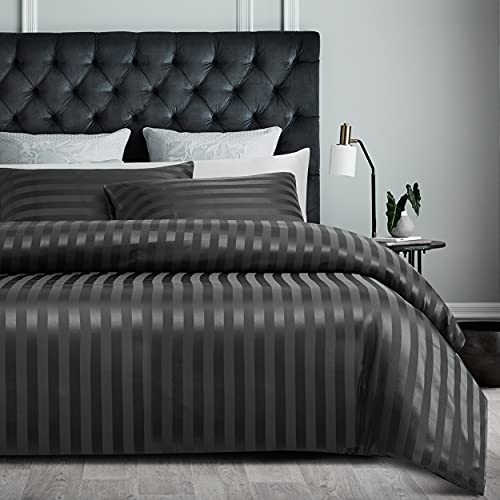 Damier Satin Bettwäsche 135x200cm Grau Seidig Glänzend Gestreift Bettwäsche Set Hochwertiges Luxus Glanzsatin Bettbezug mit Verdecktem Reißverschluss - 135 × 200 cm + 80 × 80 cm von Damier