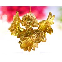 Vintag Goldfolien Harz Engel Ornament - Winkel, Der Harfe Spielt Urlaub, Weihnachten, Xmas Musiker Sku 15-E1-00033246 von DansandAdiHomeDecor