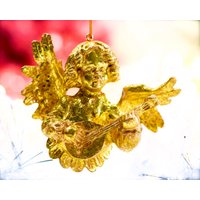 Vintag Goldfolien Harz Engel Ornament - Winkel, Mandoline Spielend Urlaub, Weihnachten, Xmas Musiker Sku 15-E1-00033298 von DansandAdiHomeDecor