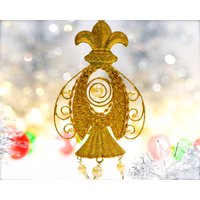 Vintage 18 cm Großer Golddraht Ornament Mit Gold Glitzer Und Perlen - Urlaub, Weihnachten, Xmas Sku 26-C1-00033563 von DansandAdiHomeDecor