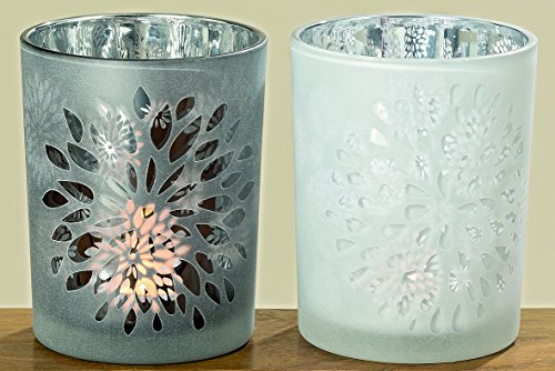 2 x Glas-Windlichter-Teelicht-Halter DAHLINA grau+weiß Kerzenhalter Tisch-Fenster-Schrank-Regal-Kommode-Bad-Weihnachts-Advents-Party-Feier-Dekoration von Dapo