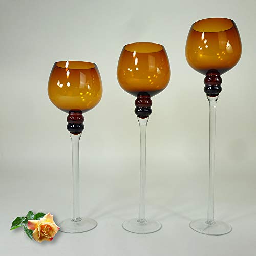 3X Glas-Teelicht-Kerzen-Halter-Ständer Windlicht, Manou, braun, Weihnachts-Advents-Party-Feier-Tisch-Fenster-Regal-Schrank-Kommode-Dekoration (3er Set 38,5-42-47cm) von Dapo