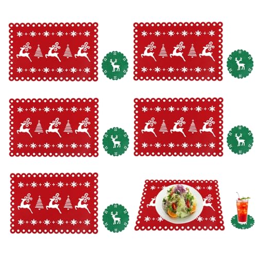 Tischset Weihnachten (43*30 cm), Darryy 6er Set Platzset Weihnachten, Tischdeko Weihnachten, Weihnachtstischset Filz, Inklusive 6 Tischsets (43*30 cm), 6 Untersetzer (10.5*10.5 cm),Filz,Rot,Grün von Darryy