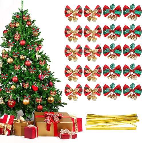 Darryy Weihnachtsbaum Schleifen Deko, 20 Stück Weihnachtsschleifen mit Glöckchen, Schleifen Weihnachtsbaum Klein, Geeignet für Weihnachten, Geburtstag, Hochzeit, Party, Dekoration Weihnachtsbaum von Darryy