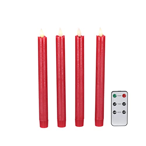 DbKW (4er Rot Metallic) LED Stabkerzen in Echtflammen-Optik mit Fernbedienung und 4/8 Stunden Timer aus Echtwachs. Neustes Modell! Flackereffekt und Standlicht. Tafelkerzen Kerzen von DbKW