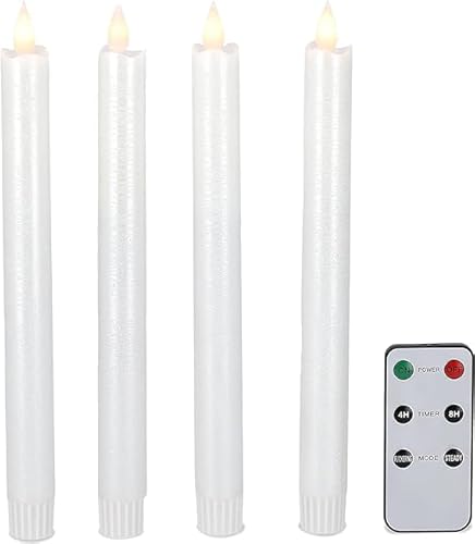 DbKW Perlmutt/Weiß glänzend, 4er Set LED Stabkerzen mit Fernbedienung, Echtflammen-Optik, 4/8 Stunden Timer, Echtwachs. Flackereffekt und Standlicht. Tafelkerzen Kerzen von DbKW