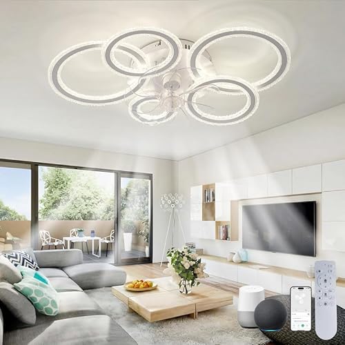 Schlafzimmer Deckenlampe Mit Ventilator Alexa LED Fernbedienung Leise Deckenventilator Mit Beleuchtung Wohnzimmer 6 Gang Reversibel Dimmbar Lampe Mit Ventilator Smart Groß Wohnzimmer, Weiß||A von Dceinz