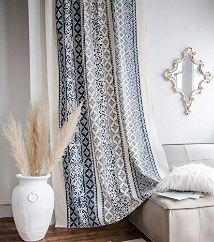 Deamos Boho Gardinen Landhausstil Baumwolle Leinen Vorhänge, Creme Weiß und Blau Blumen Muster Wohnzimmer Schlafzimmer Gardine,1 Stück,B150×H160cm von Deamos