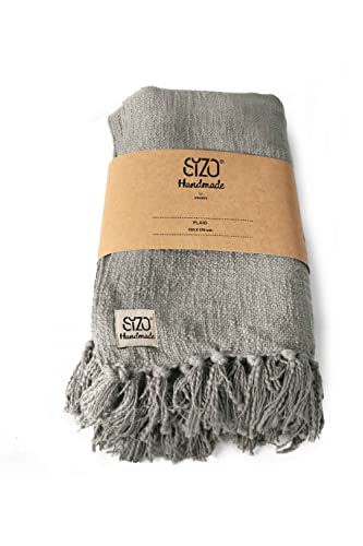SIZO® Handmade Plaid Decke Kuscheldecke 130 x 170 cm Hellgrau aus 100% Baumwolle von DecoHomeTextil