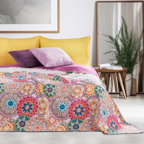 DecoKing 12215 Tagesdecke 170x270 cm rosa violett weiß bunt anthrazit Bettüberwurf zweiseitig colourful pink white violet Steppung Bibi von DecoKing