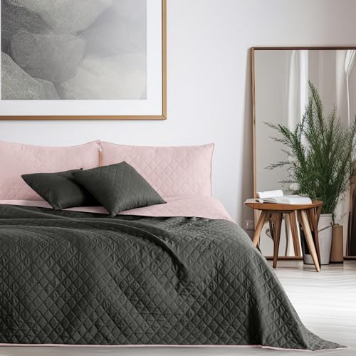 DecoKing 32879 Tagesdecke 170 x 270 rosa Graphit anthrazit grau Bettüberwurf zweiseitig Steppung pflegeleicht powderpink Charcoal Axel von DecoKing