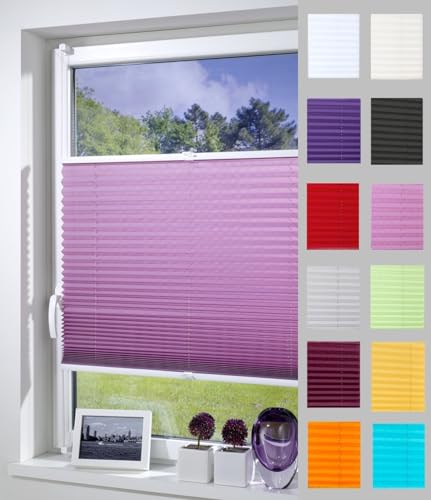 DécoProfi Plissee ohne Bohren Flieder 40cm x 130cm (max. Gesamthöhe Fensterflügel) I Verspannte Plissees nach Maß mit Klemmträger/Klemmfix I Blickdichte Innenrahmen-Plissees zum Klemmen von DécoProfi