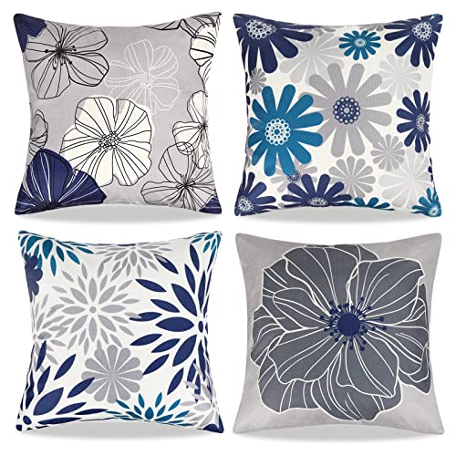 Dekokissen Sofakissen Kissenbezug 45x45 cm Abstrakt Blau und Graue Blumen Dekorative Kissenbezüge Modern Quadrat Leinen Kissenhülle 4er Set Kissen Bunt Frühling Zierkissen für Sofa Wohnzimmer von DecorMommt