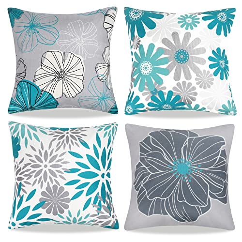 Kissenbezüge 40x40 4er Set Dekokissen Moderne Abstrakte Blumen Dekorative Kissenhülle Sommer Outdoor Kissenbezüge Sofakissen Quadrat Leinen Zierkissen für Schlafzimmer Sofa Stuhl Bett Garten von DecorMommt