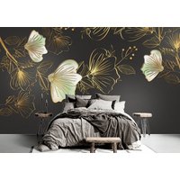 Gold, Vektor, Blumen, Auf, Schwarz, Hintergrund, Tapete, Moderne Wand, Dekor, Floral, Dunkel, Vinyl, Tapete von DecorationBoutiqShop