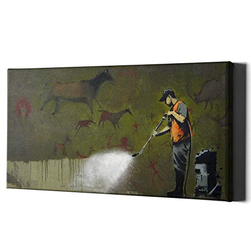 Banksy Reiniger auf Leinwand Gemälde Druck - Pinselspray Gerahmte Straßenkunst - Unordentliches Geschenk Wand Bansky Rahmen Sauberkeit Höhlenmensch Schilder Dekoration von Decords
