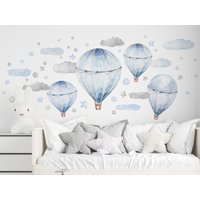 Große Wandtattoos Blau Pastell Luftballons Wolken Sterne Punkte - Kinderzimmer Aufkleber, Heißluftballon von DecotiaWallDecals