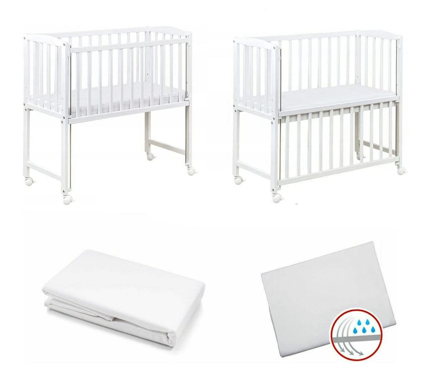 Dedstore-Baby Kinderbett Babybett mit Matratze 90x40 cm - Beistellbett Weiß (Spar-Set, absenkbare Seite, Komplett Set), Spannbettlaken Baumwolle weiß, Gratis Wasserdichte Betteilage von Dedstore-Baby