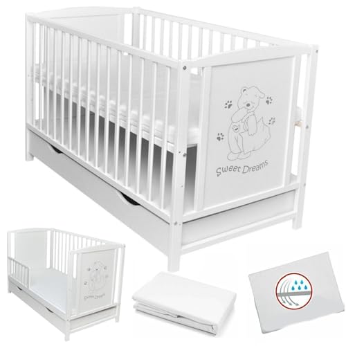 Dedstore-Baby Kinderbett mit Barriere Matratze 120x60cm Weiß Spannbettlaken Spar-Komplett Set, inkl. Schublade, Laken, umbauteil zum Juniorbett von Dedstore-Baby