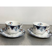 Sevres Tee Frühstückstasse Untertasse 2Er Set, Flow Blau, J&g Meakin, Hanley, England Florales Design, Luster Embossed Rim Antique von DeesNewOldGems