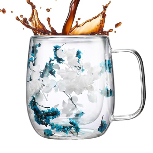 Teetasse aus Glas mit getrockneten Blumen, 250 ml, doppelwandige Glasbecher, elegante Tasse mit Trockenblumen-Design, wiederverwendbare Getränkegläser, Teetasse, Blumentasse für Kaffee, Glas für Tee, von Deewar