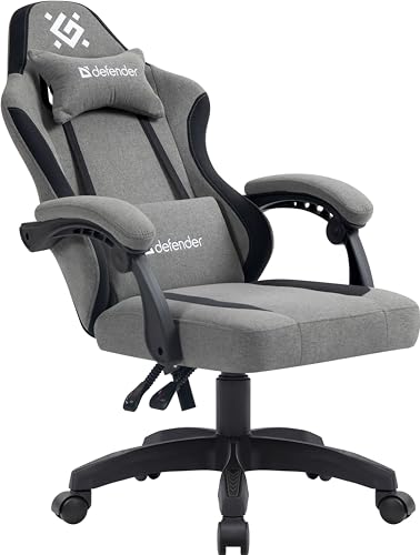 Defender Gaming-Stuhl Lumen, Bürostuhl, ergonomischer Computerstuhl mit Kopfstütze, verstellbares Lendenkissen, höhenverstellbar, hochdichter Schaumstoff, Stoff, grau/schwarz von Defender Global