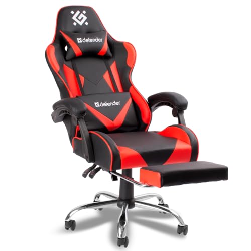 Defender Pilot Gaming PC Stuhl mit Fußstütze - Ergonomisch Sessel Lumbalstütze, Kopfstütze, Höhenverstellbar, bis 140kg Bürostuhl Kunstleder, Rot/Schwarz, Verstellbare Rückenlehne, 135° Neigungswinkel von Defender Global