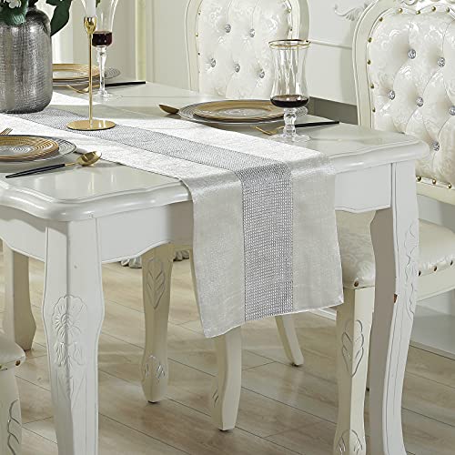 Deggodech Beige Tischläufer 32 x 180 cm Glitter Tischläufer Silber Diamant Table Runner für Küchentisch, Kaffeetisch, Kommode, Weinschrank Dekoration (180cm, Beige) von Deggodech