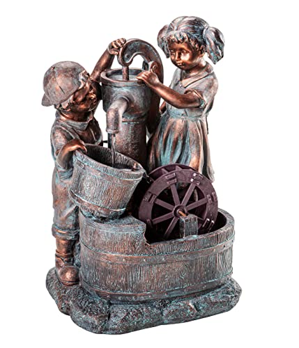 Dehner Gartenbrunnen Lea und Leon mit LED Beleuchtung, ca. 68.5 x 45 x 35 cm, Polyresin, grün/blau/braun von Dehner